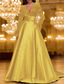 cheap BLACK-Black Tie A-Line Evening Gown Elegant Dress Carnival Formal Floor Length Long Sleeve V Neck Pocket Satin with Feather Sequin