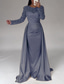 cheap CHAMPAGNE-Mermaid Sequin Evening Gown Ruched Champagne Satin Dress Long Sleeves Masquerade Floor Length Illusion Neck with Pearls Overskirt dress