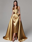 economico Vestiti da sera-Abito da sera elegante a trapezio color oro e verde, abito formale da sposa, lungo fino al pavimento, senza maniche, scollo a V, abito da madre della sposa color champagne, in raso elasticizzato con