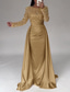 cheap CHAMPAGNE-Mermaid Sequin Evening Gown Ruched Champagne Satin Dress Long Sleeves Masquerade Floor Length Illusion Neck with Pearls Overskirt dress