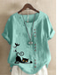 cheap Shirts-Women&#039;s Cotton Linen Shirts Animal Cat Elegant Vintage Tropical Short Sleeve Crew Neck Regular Tops Daily Holiday Vacation Wear Buttons Grass Green White Yellow Army Green Navy Blue Summer Spring