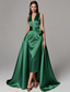 economico Vestiti da sera-Abito da sera elegante a trapezio color oro e verde, abito formale da sposa, lungo fino al pavimento, senza maniche, scollo a V, abito da madre della sposa color champagne, in raso elasticizzato con