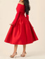 abordables Robes de cocktail-Ligne A Longueur thé Robes de Cocktail Robes de soirée Élégant manche longue Épaules Dénudées Fête de jardin Mariage Satin Jersey avec Plis