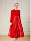 abordables Robes de cocktail-Ligne A Longueur thé Robes de Cocktail Robes de soirée Élégant Éclat manche longue Col ras du cou Noël robe demoiselle d honneur Satin Velours avec Plis Paillettes