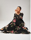 preiswerte abendkleider-Damen Chiffonkleid A Linie Kleid Maxi-Saum Langes Kleid Maxikleid Schwarz Langarm Blumen Blumen und Pflanzen Pflanzenmuster Gerafft Druck Sommer Frühling Frühling und Sommer V Ausschnitt Elegant