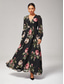 preiswerte abendkleider-Damen Chiffonkleid A Linie Kleid Maxi-Saum Langes Kleid Maxikleid Schwarz Langarm Blumen Blumen und Pflanzen Pflanzenmuster Gerafft Druck Sommer Frühling Frühling und Sommer V Ausschnitt Elegant