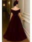 economico Abiti da Sera a Linea A-Abito da sera A-Line rosso e nero elegante abito formale da matrimonio lunghezza fino al pavimento manica corta spalle scoperte tasca in velluto con pieghe