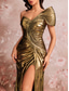 abordables Robes de Soirée Sirène-Sirène Trompette Fourreau Colonne Longueur au sol Robes de Bal Robe de Soirée Tenue de soirée Élégant ancien Éclat Manche Courte Une Épaule Soirée Mariage Satin Extensible avec Froncé Paillettes Fente
