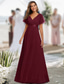preiswerte Lässige / Tageshochzeit-A-Linie gerafftes Hochzeitsgast Kleid Strandhochzeit Elegant Formal Black Tie Für Brautjungfern Bodenlängen Kurzärmeliger V-Ausschnitt Chiffon V-Rücken mit Rüschen Kleid zum Beeindrucken