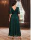preiswerte Bodenlänge-A-Linie Knöchellanges Hochzeitsgastkleid Formelle Kleider Abendkleid Mutter der Braut Kleid Halblange Ärmel V-Ausschnitt Plus Size Funkeln  Strahlen mit einfarbig