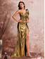 abordables Robes de Soirée Sirène-Sirène Trompette Fourreau Colonne Longueur au sol Robes de Bal Robe de Soirée Tenue de soirée Élégant ancien Éclat Manche Courte Une Épaule Soirée Mariage Satin Extensible avec Froncé Paillettes Fente