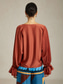 abordables camisas, tops y blusas-Blusa de satén marrón con cuello redondo y mangas abullonadas