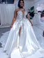 cheap Wedding Dresses-Formal Wedding Dresses Ball Gown One Shoulder Regular Straps Court Train Satin Bridal Gowns With Beading Split Front