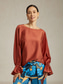 abordables camisas, tops y blusas-Blusa de satén marrón con cuello redondo y mangas abullonadas