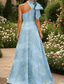 abordables Vestidos de Noche en A-Corte A Hasta el Suelo Vestidos de noche Corte Cenicienta Vestimenta formal Elegante Estilo de Celebridad Sin Mangas Un Hombro Fiesta de jardin Boda Satén Sin espalda con Lazo(s) Plisado