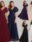 preiswerte Lässige / Tageshochzeit-A-Linie gerafftes Hochzeitsgast Kleid Strandhochzeit Elegant Formal Black Tie Für Brautjungfern Bodenlängen Kurzärmeliger V-Ausschnitt Chiffon V-Rücken mit Rüschen Kleid zum Beeindrucken