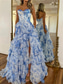 baratos Vestidos Longos &amp; Gowns-Linha A Longo Vestidos de baile Elegante Floral Princesa Sem Manga Sem Alças Baile de Formatura Festa de Noite Chiffon Sem parte Traseira com Estampa floral