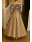 abordables Robes de cocktail-Ligne A Longueur thé Broderie perlée Robe de Cérémonie Robe de la mère de la mariée Robes de Cocktail Robe de Soirée Robes de soirée Élégant Scintillant Style Célébrité manche longue Épaules Dénudées
