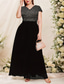 preiswerte Knöchellänge-A-Linie knöchellanges Partykleid Cocktailkleid Hochzeitsgastkleid Mutter der Braut Kleid Kurzarm V-Ausschnitt Schwarzes Kleid Plus Size Funkeln  Strahlen mit Pailletten und Farbblock