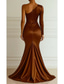 baratos Vestidos de Festa Sereia-Sereia Longo Vestidos de baile Vestidos de noite Vestido de Baile Vestido formal Elegante Manga Longa Assimétrico Casamento Formal Vestido rosa Cetim Elástico com Pregas