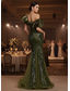 billiga Mermaid kvällsklänningar-Sjöjungfru trumpet Golvlång Pärlbroderad Formell klädsel Klänning för brudens mor Balklänningar Kvälls klänningar Quinceanera klänningar Balklänning Elegant Ärmlös V-hals Bal Kvällsfest Spets