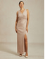 billiga Chiffongklänningar-Dam Maxiklänning Sheath Dress Chiffongklänningar Wrapklänning Elegant Formell cocktail Kvällsfest Bröllopsgäst Cocktailfest Plisserad Glitter Asymmetrisk Normal Ensfärgat Ärmlös V-hals Rosguld