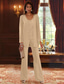 baratos Terninhos de calça da mamãe-Terninho Traje de 3 peças Longo Vestido Para Mãe dos Noivos Sem Manga Decote V Elegante Luxuoso Formal Convidado do casamento Chiffon Renda Embrulho incluido com Miçangas Lantejoulas
