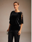 cheap Dressy Blouses-Women's Velvet Dressy Tops Beaded Cut Out Elegant Party Half Sleeve Crew Neck Cold Shoulder Long Tops Evening Party Party Evening Wear Black Spring, Fall, Winter, Summer