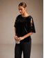 cheap Dressy Blouses-Women's Velvet Dressy Tops Beaded Cut Out Elegant Party Half Sleeve Crew Neck Cold Shoulder Long Tops Evening Party Party Evening Wear Black Spring, Fall, Winter, Summer