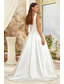 cheap Wedding Dresses-Hall Formal Wedding Dresses A-Line V Neck Sleeveless Sweep Brush Train Satin Bridal Gowns With Ruched Solid Color