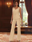 baratos Terninhos de calça da mamãe-Terninho Traje de 3 peças Longo Vestido Para Mãe dos Noivos Sem Manga Decote V Elegante Luxuoso Formal Convidado do casamento Chiffon Renda Embrulho incluido com Miçangas Lantejoulas