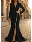voordelige Rokjes-Dames Smokingjurk Trompet zeemeermin Bruiloft Formeel Bruiloft gast 4-way stretchstof Elegant glinsterende Lange mouw Tot de grond V-hals Enkele rij knopen
