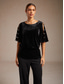 cheap Dressy Blouses-Women's Velvet Dressy Tops Beaded Cut Out Elegant Party Half Sleeve Crew Neck Cold Shoulder Long Tops Evening Party Party Evening Wear Black Spring, Fall, Winter, Summer