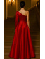 preiswerte A-Linie Abendkleider-Rotes A-Linien Abendkleid Stretch-Satin Elegantes Formelles Kleid Formelle Hochzeit Bodenlang Langärmlig Eine Schulter mit Schulterblume