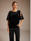 cheap Dressy Blouses-Women's Velvet Dressy Tops Beaded Cut Out Elegant Party Half Sleeve Crew Neck Cold Shoulder Long Tops Evening Party Party Evening Wear Black Spring, Fall, Winter, Summer
