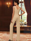 baratos Terninhos de calça da mamãe-Terninho Traje de 3 peças Longo Vestido Para Mãe dos Noivos Sem Manga Decote V Elegante Luxuoso Formal Convidado do casamento Chiffon Renda Embrulho incluido com Miçangas Lantejoulas