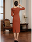 preiswerte Teelänge-Schlauchkleid Tee-Länge Partykleid Cocktailkleid Kleid für Hochzeitsgäste Brautmutterkleid Langarm Quadrathals Elegant Minimalistisch Formell Hochzeitsgast Stretchstoff mit Gerafft Perlenstickerei