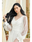 preiswerte Kleine weiße Kleider-Standesamt Formell Hochzeitskleider A-Linie V Ausschnitt Langarm Tee-Länge Chiffon Brautkleider Mit Perlenstickerei Einfarbig