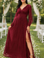 cheap Floor Length-A-Line Floor Length Formal Dresses Evening Gown Mother of the Bride Dress Long Sleeve V Neck Elegant Vintage Party with Pleats Split Front