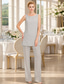 baratos Terninhos de calça da mamãe-Terninho Traje de 3 peças Longo Vestido Para Mãe dos Noivos Sem Manga Barco Pescoço Elegante Tamanhos Grandes Embrulho incluido Convidado do casamento Chiffon Vestidos de jaqueta com Cor Única
