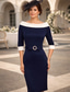preiswerte Teelänge-Schlauchkleid Knielang Partykleid Cocktailkleid Kleid für Hochzeitsgäste Brautmutterkleid Halbarm Juwelenhals Elegant Hochzeitsgast Hochzeitsfeier Stretchstoff mit Schärpe / Band Kristallbrosche