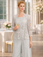 billige Mammas jumpsuits-Buksedrakt 3 -delt drakt Gulvlengde Kjole til brudens mor Ermeløs Firkantet hals Elegant Plusstørrelse Formell Bryllupsgjest Chiffon Snøringsblonder Innpakking inkludert med Blonder Appliqué