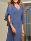 voordelige Jurkensets voor mama-Tweedelig A-lijn Over de knie Bruiloft gast jurk Moeder van de bruid jurk Korte mouw V-hals Elegant Grote maten Bruiloft gast Bruiloft Chiffon Wrap inbegrepen Korte Jas Jurken met Kralen Geplooid