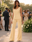baratos Terninhos de calça da mamãe-Terninho Traje de 3 peças Longo Vestido Para Mãe dos Noivos Sem Manga Decote V Elegante Luxuoso Formal Convidado do casamento Chiffon Renda Embrulho incluido com Miçangas Lantejoulas