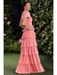 abordables Longueur du plancher-Robe de bal Longueur au sol Robe de Cérémonie Robe de soirée Robes de Bal Élégant Fête Manche Courte Col en V Fête de jardin Mariage Chiffon avec Volants
