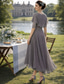 billiga Ankel längd-A-linje Asymmetrisk Telång Festklänning Cocktail klänning Bröllopsgästklänning Klänning till brudens mor Halvlång ärm Rundhals Elegant Formell Bröllopsgäst Chiffong Spets med Bård Applikationsbroderi