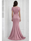 cheap Mermaid Evening Dresses-Mermaid Trumpet Sweep Brush Train Evening Gown Formal Dress Elegant Short Sleeve V Neck Wedding Formal Pink Dress Satin with Ruched