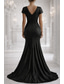 preiswerte Meerjungfrau Abendkleider-Meerjungfrauenschnitt Bodenlang Abendkleid Elegant Kurzarm V Ausschnitt Hochzeit Formell Stretch Satin Tiefer Wasserfall-Rückenausschnitt mit Falten
