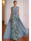 cheap Ball Gown Evening Dresses-A-Line Sheath Column Floor Length Evening Gown Elegant High Split Half Sleeve V Neck Wedding Formal Stretch Satin Cowl Back with Embroidered Flower Slit Beaded Eembroidered