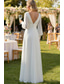 cheap Little White Dresses-A-Line Floor Length White Dress Little White Dress Elegant Open Back Long Sleeve V Neck Wedding Chiffon V Back with Ruched